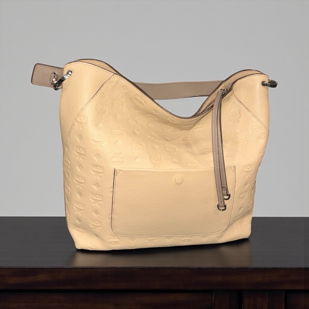 MCM Klara Hobo Bag in New Beige Embossed Calfskin Leather EUC